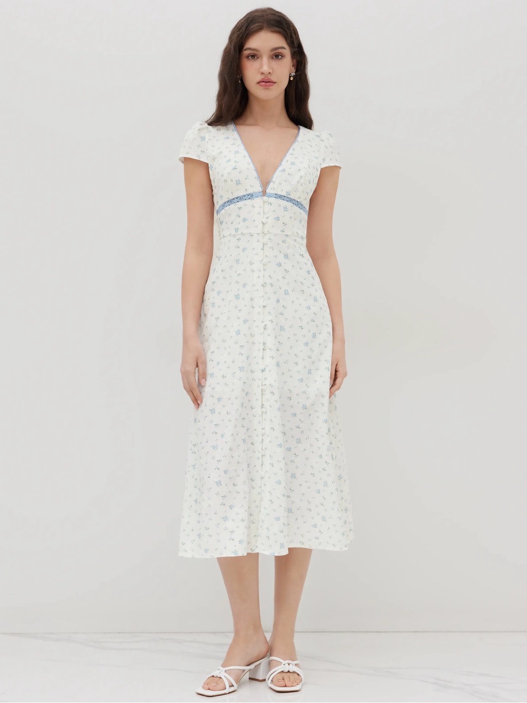 Cider Blue Floral Button Midi Dress Large Cottagecore V Neck Garden Tea Party
